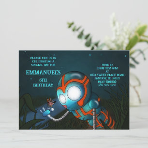 Cute Robot Orange Blue Birthday Inbjudningar