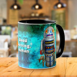 Cute Robot Retro Vintage Coola  Bra Human God God  Mugg<br><div class="desc">"Bra morgon, människa." Jag söt, retro ansikte på vintage, vind-up-robotar för barndomen metall leksak. Här är en av mina favoriter, mot en turkotisk blåbubblor galaxy himlar. Börja din dag med den här coolan, söt, roligt, färgstark, fotoillustration, kaffe mugg. Gör en underbar gåva till någon speciell! Ändra kopian om du vill...</div>