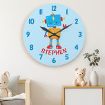 Cute Robot Science Boys Bedroom Wall Stor Klocka<br><div class="desc">Cute Robot Science Boys Bedroom Wall Large Clock. Anpassa detta anpassad design med ditt eget namn eller din egen text.</div>