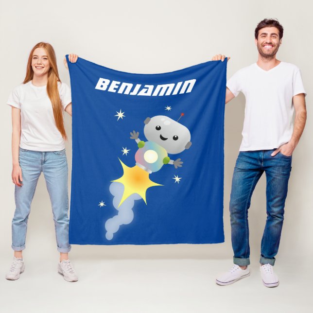 Cute-robot som flyger i illustration av rymdens te fleecefilt (På plats)