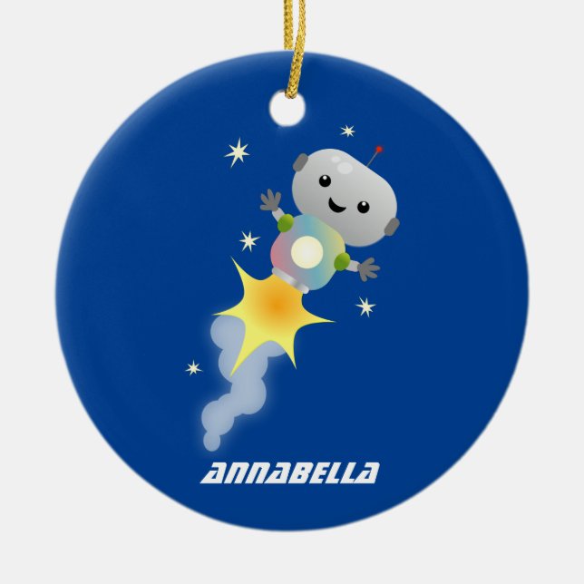 Cute-robot som flyger i illustration av rymdens te julgransprydnad keramik (Framsidan)