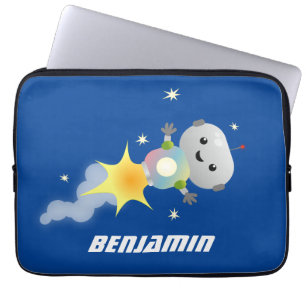 Cute-robot som flyger i illustration av rymdens te laptop fodral