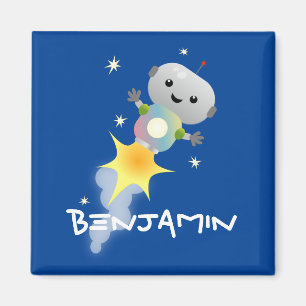 Cute-robot som flyger i illustration av rymdens te magnet