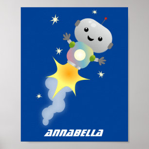 Cute-robot som flyger i illustration av rymdens te poster