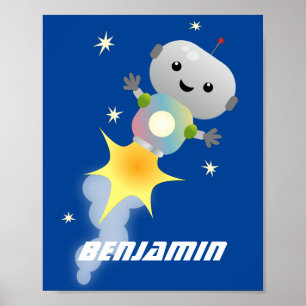 Cute-robot som flyger i illustration av rymdens te poster