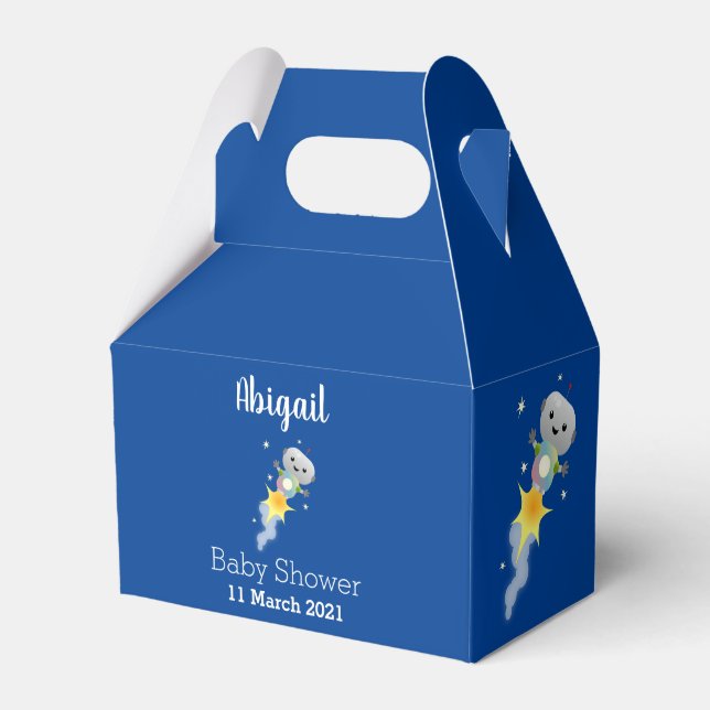 Cute-robot som flyger i illustration av rymdens te presentaskar (Framsidan Sidan)