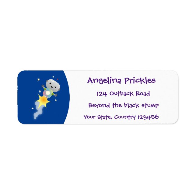 Cute-robot som flyger i illustration av rymdens te returadress etikett (Framsidan)