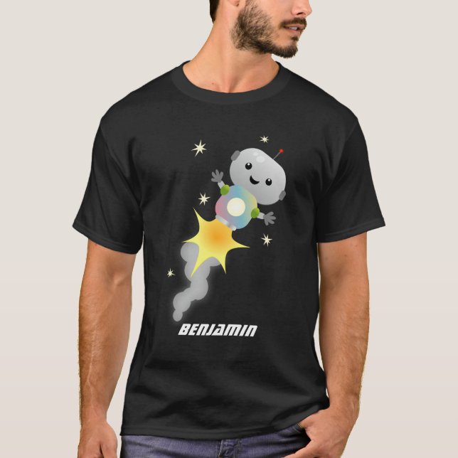 Cute-robot som flyger i illustration av rymdens te t shirt (Framsida)