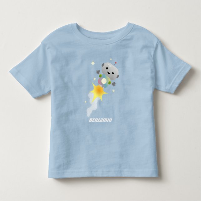 Cute-robot som flyger i illustration av rymdens te t shirt (Framsida)