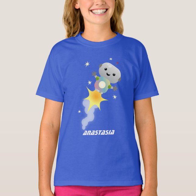 Cute-robot som flyger i illustration av rymdens te t shirt (Framsida)
