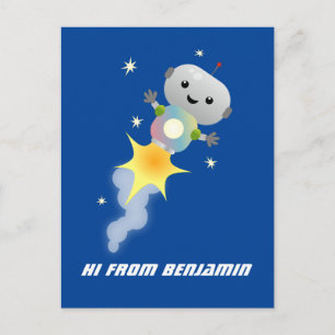 Cute-robot som flyger i illustration av rymdens te vykort