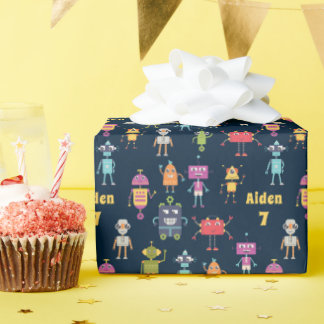 Cute Robots Mönster Namn Age Birthday Presentpapper