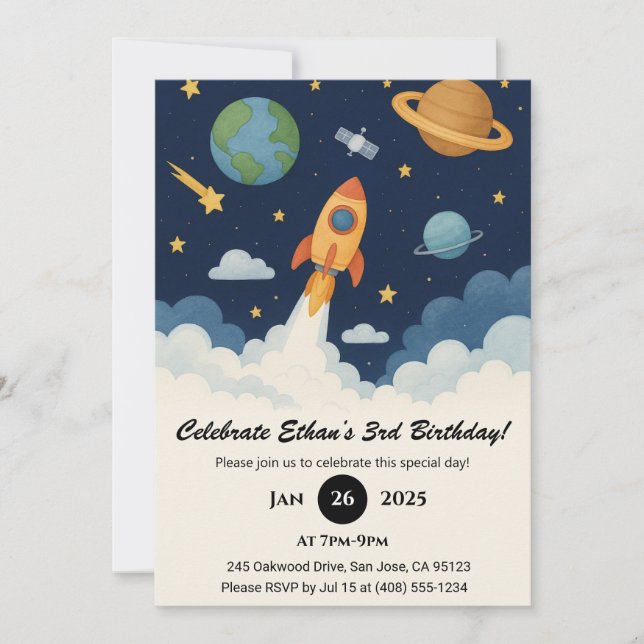 Cute Rocket & Planet Space Art Birthday  Inbjudningar (Framsida)