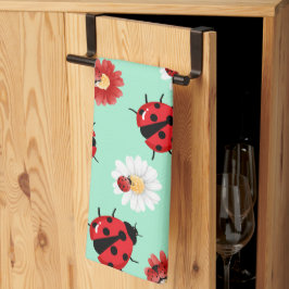 Cute röd polka dot Ladybug Blommor Girly Kökshandduk