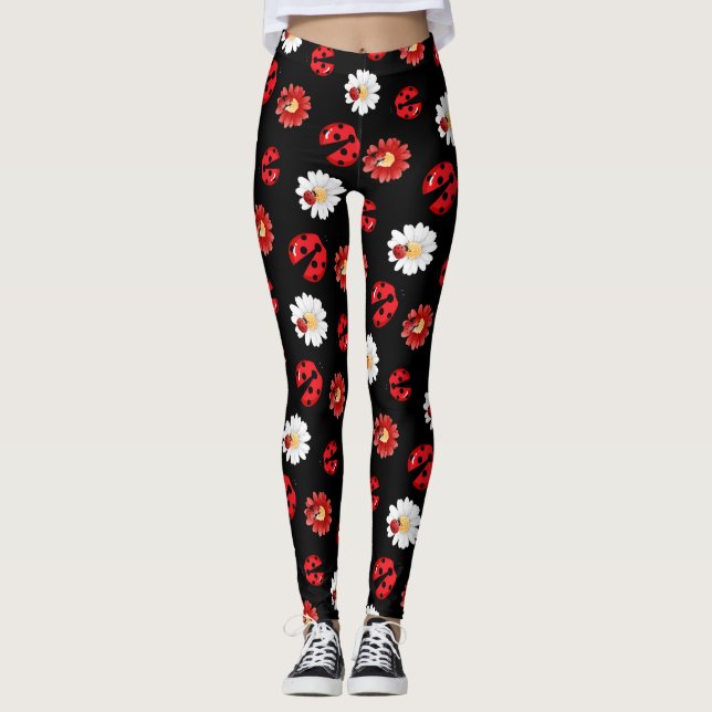Cute röd polka dot Ladybug Blommor Girly Leggings (Framsida)
