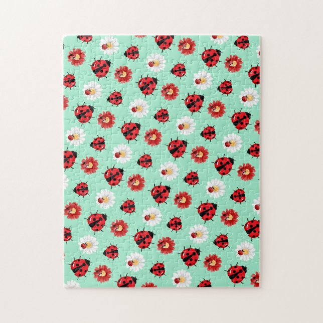 Cute röd polka dot Ladybug Blommor Girly Pussel (Vertikal)