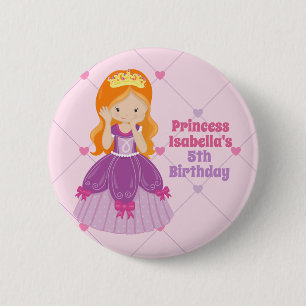 Cute Rödhårig Princess Rosa Barns födelsedag Party Knapp