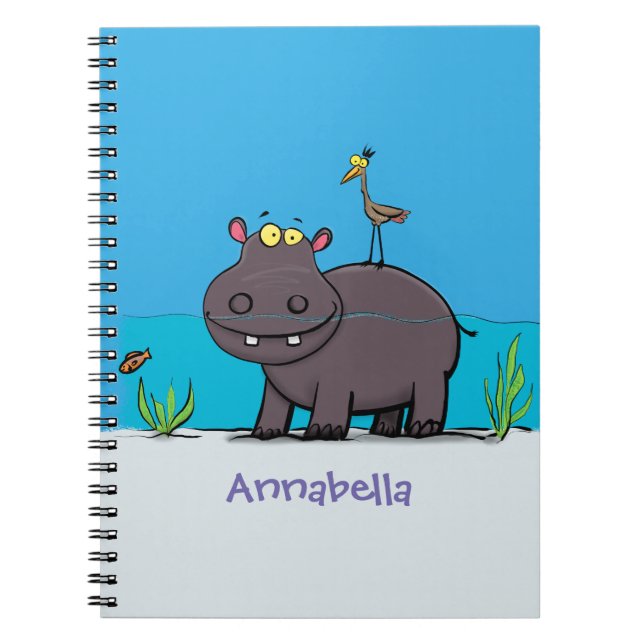 Cute, rolig hippopotamus med fågeltecknad anteckningsbok (Framsidan)