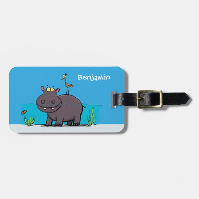 Cute, rolig hippopotamus med fågeltecknad bagagebricka (Horisontell Framsida)