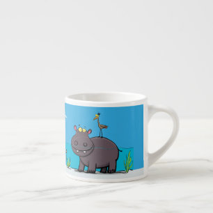 Cute, rolig hippopotamus med fågeltecknad espressomugg