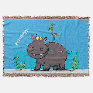 Cute, rolig hippopotamus med fågeltecknad filt