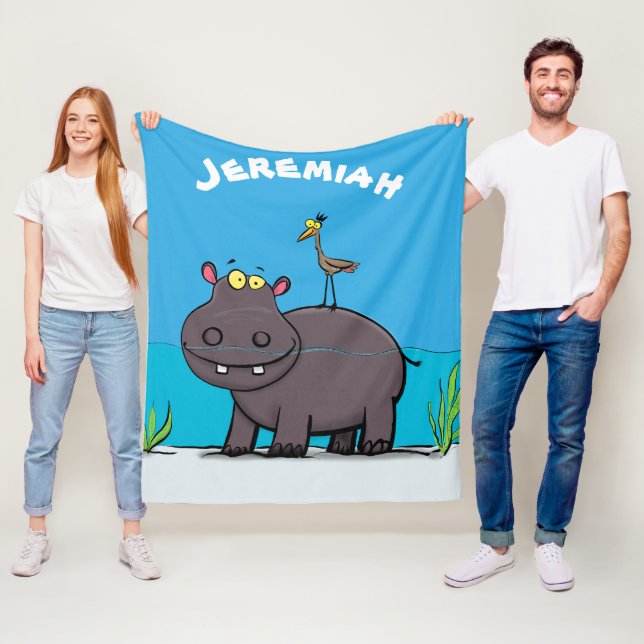 Cute, rolig hippopotamus med fågeltecknad fleecefilt (På plats)