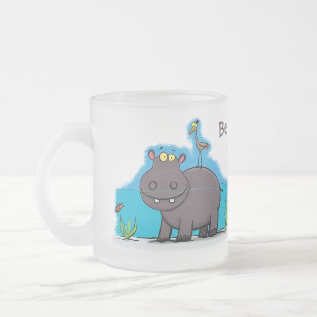 Cute, rolig hippopotamus med fågeltecknad frostad glasmugg (Vänster)