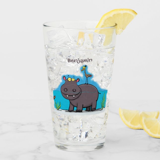 Cute, rolig hippopotamus med fågeltecknad glaskopp (Bakside Is)