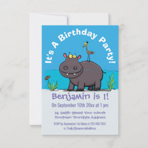 Cute, rolig hippopotamus med fågeltecknad inbjudningar