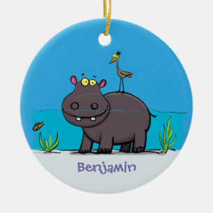 Cute, rolig hippopotamus med fågeltecknad julgransprydnad keramik