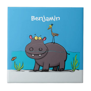 Cute, rolig hippopotamus med fågeltecknad kakelplatta