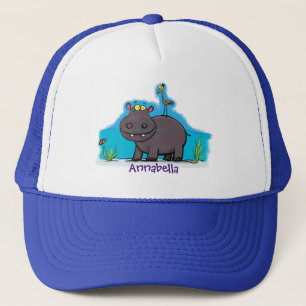Cute, rolig hippopotamus med fågeltecknad keps