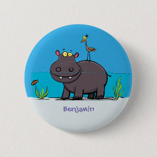 Cute, rolig hippopotamus med fågeltecknad knapp