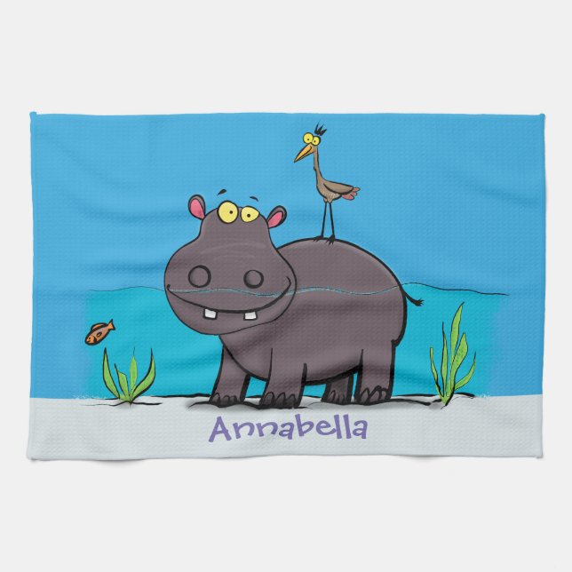 Cute, rolig hippopotamus med fågeltecknad kökshandduk (Horisontell)