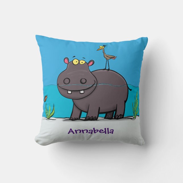 Cute, rolig hippopotamus med fågeltecknad kudde (Framsida)