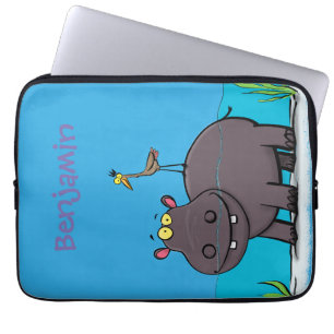 Cute, rolig hippopotamus med fågeltecknad laptop fodral