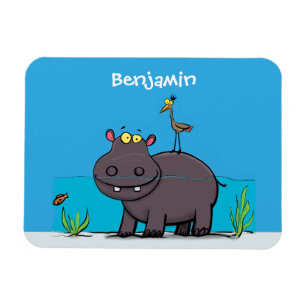 Cute, rolig hippopotamus med fågeltecknad magnet