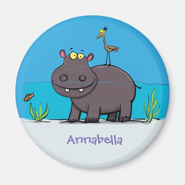 Cute, rolig hippopotamus med fågeltecknad magnet (Framsidan)