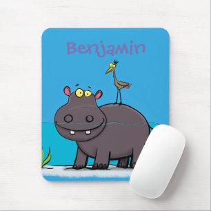 Cute, rolig hippopotamus med fågeltecknad musmatta