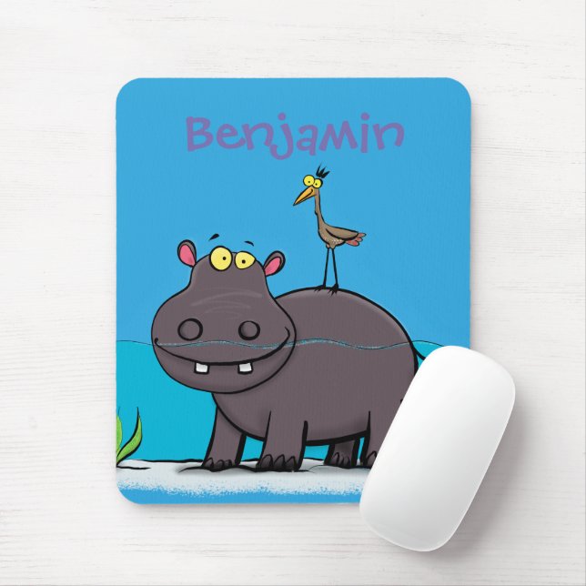 Cute, rolig hippopotamus med fågeltecknad musmatta (Med mus)