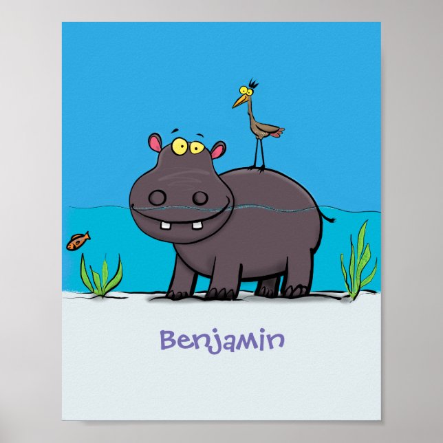 Cute, rolig hippopotamus med fågeltecknad poster (Framsidan)