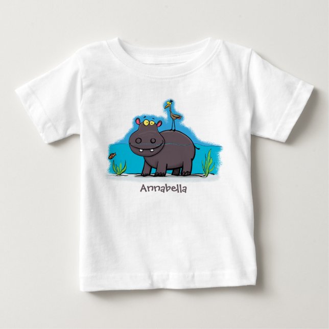 Cute, rolig hippopotamus med fågeltecknad t shirt (Framsida)