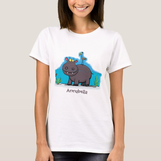 Cute, rolig hippopotamus med fågeltecknad t shirt (Framsida)