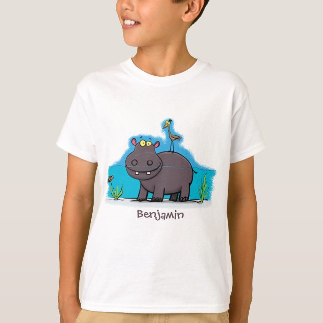 Cute, rolig hippopotamus med fågeltecknad t shirt (Framsida)