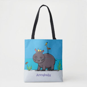 Cute, rolig hippopotamus med fågeltecknad tygkasse