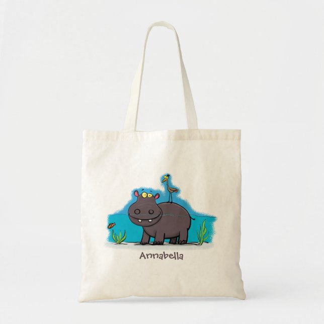 Cute, rolig hippopotamus med fågeltecknad tygkasse (Framsidan)