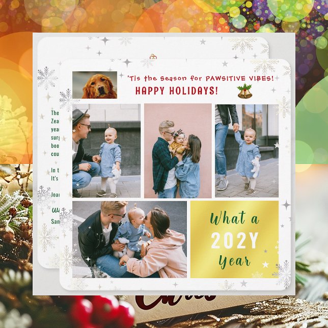 Cute Rolig hund Cat Glad helg 5 Photos Collage Julkort (Cute Funny Pet Dog Pawsitive Vibes Happy Holidays 'Tis the Season 5 Photos Golden What a Year Letter)