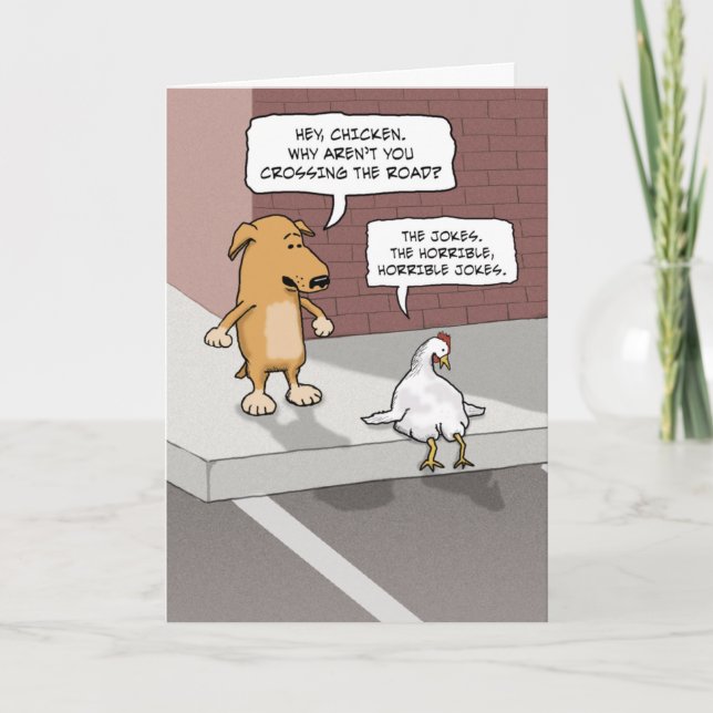 Cute, Rolig hund och kyckling på födelsedagen Kort (Framsida)
