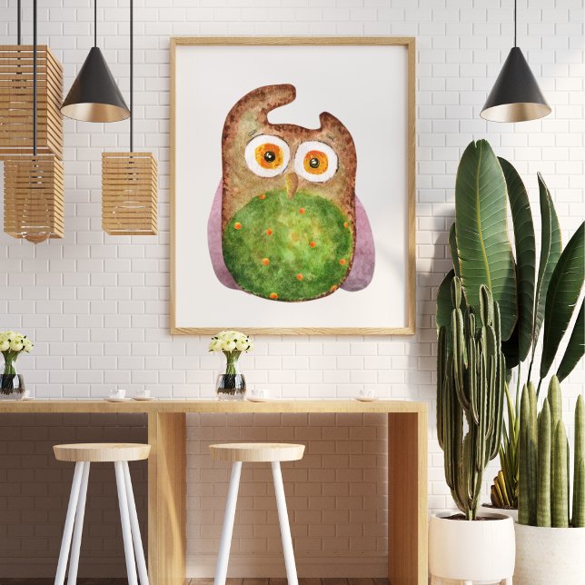 Cute, rolig vattenfärg, brun uggla-grönt poster (Skapare uppladdad)