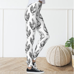 Cute Roligt Black and White Sketch Chicken Hen Leggings